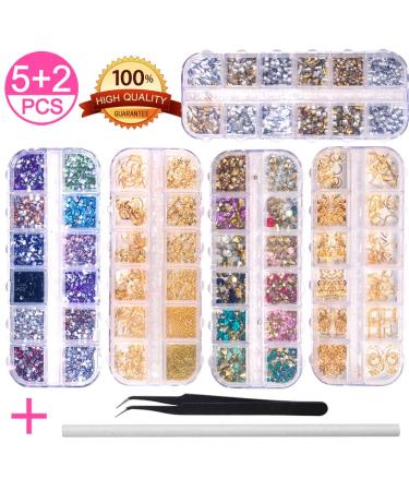 5 Boxes Nail Art Rhinestones Gold Silver Metal Nail Art Studs Rivets Nail Crystal Gems, Colorful Nail Art Rhinestones Nail Diamonds Kit with Tweezers and Wax Pen for Nail Art Supplies Accessories