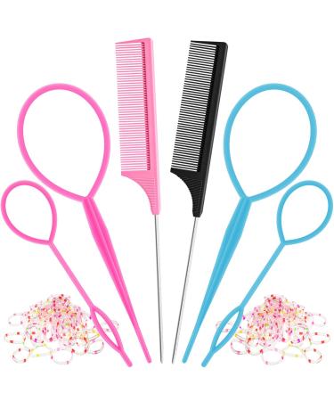 6Pcs Hair Loop Tool Set with 4 Hair Tail Tools French Braid Tool Loop 2 Metal Pin Rat Tail Comb for Hair Styling  100 Colored Children Rubber Bands. Schembo