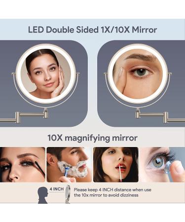 Rechargeable Wall Mounted Lighted Vanity Mirror Nickel 8 Inch - LED Makeup Mirror 1X/10X Magnification - Touch Screen Dimmable 360 Swivel - 3 Color Lights - 13 Inch Extendable Bathroom Mirror - Brushed Nickel - Buy Online on GoSupps.com