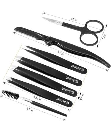 SetSail 7-Pack Precision Stainless Steel Tweezers for Women - Professional Eyebrow Kit with Case for Shaping and Hair Removal - Black - Buy Online on GoSupps.com