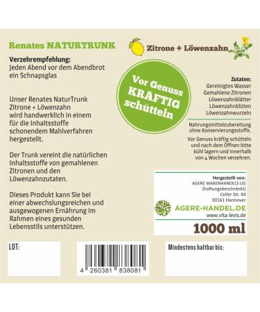 Citron + pissenlit (fleurs feuilles et racines) Fabriqu la main en petites quantit s Flacon m dical en verre ambr 1000 ml - Buy Online on GoSupps.com
