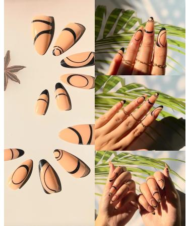 Sankki Almond French Tip Press on Nails - Black Abstract Line Design - 24Pcs Medium Length False Nails - Acrylic Glossy Finish - for Women and Girls - Buy Online on GoSupps.com