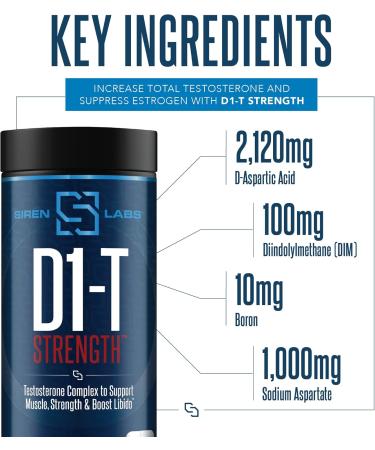 Siren Labs D1-T Strength Testosterone Booster - Mass Gainer with D-Aspartic Acid for Men | Anabolic Muscle Growth & Estrogen Suppression (120 Capsules - Buy Online on GoSupps.com