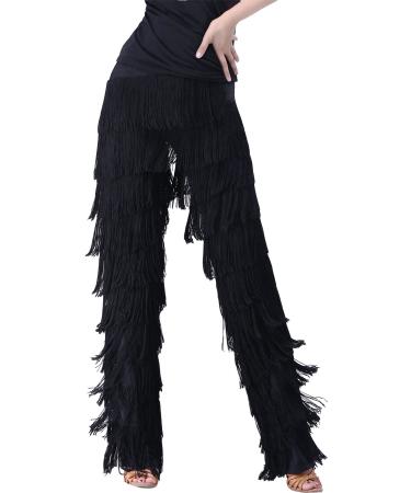 JEZISYMA Women's Tassels Fringe Ballroom Latin Tango Salsa Practice Performance Dance Pants Medium Black