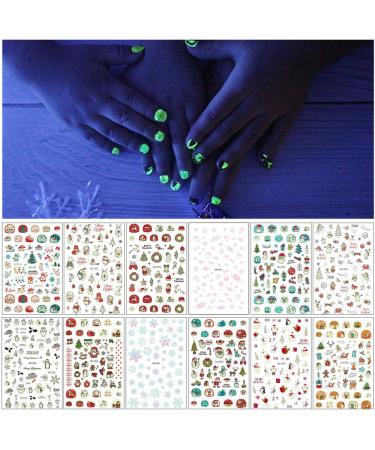 12 Sheets Fluorescent Christmas Nail Art Stickers Decal EBANKU Self-Adhesive Snowflake Santa Snowman Nail Stickers Reindeer Xmas Tree Nail Art Decals for Kids Girls DIY Christmas Manicure