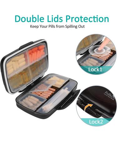 Travel Pill Organizer Oversize 8 Compartment - Portable Medication Box for Vitamins - Airtight & Moistureproof - Black Large - Buy Online on GoSupps.com