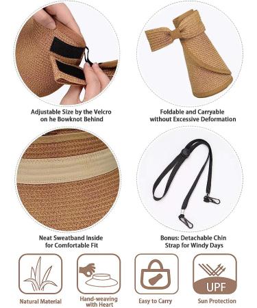 Foldable Straw Sun Visor Hat for Women - Wide Brim Beach Hat with Sun Protection, Adjustable Topless Design - Khaki - Buy Online on GoSupps.com
