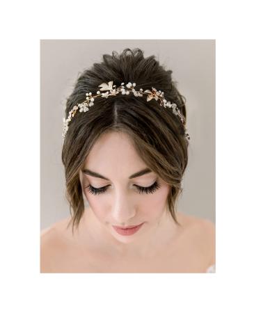 SWEETV Bridal Headbands Opal Wedding Headpiece for Brides Bridesmaid Hair Accessories Flower Girl Headpiece Gold