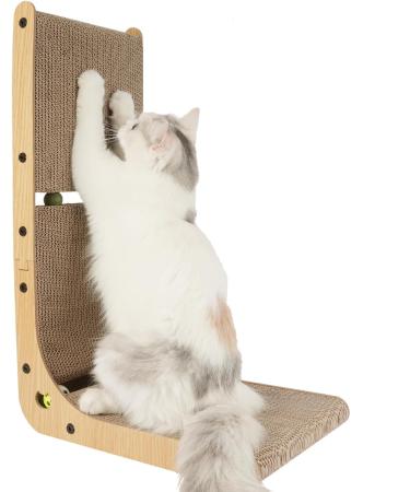TATAPO L Shape Cat Scratcher 26.8 inch Large Size Vertical Cat Scratching Board Cat Scratchers for Indoor Cats Protecting Furniture Cat Scratch Pad Cardboard Cat Scratching with Ball Toy Wood Color