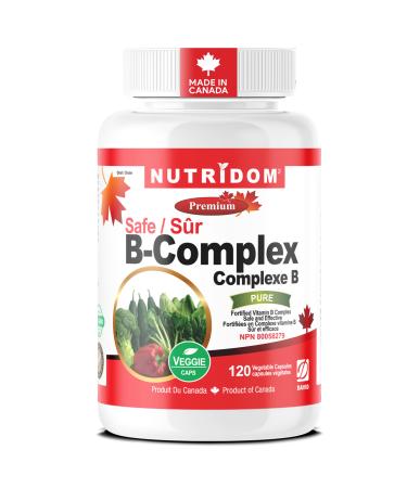 Nutridom Fortified Vitamin B-Complex 200 mg 120 Count All Vegan B-Vitamins Including B12 B1 B2 B3 B4 B5 B6 B7 (Biotin) B8 (Inositol) B9 (Folic Acid)