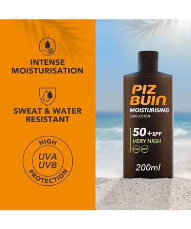 Piz Buin Moisturising Sun Lotion SPF50+ 200ml - Hydrating Sunscreen (Pack of 1) - Buy Online on GoSupps.com