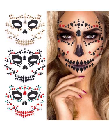 Halloween Face Jewels Temporary Tattoos Skull Ghost Face Gems Rhinestone Fake Tattoos Acrylic Eyeshadow for Cosplay Party Supplies Day of the Dead Face Stickers 3 Sheet