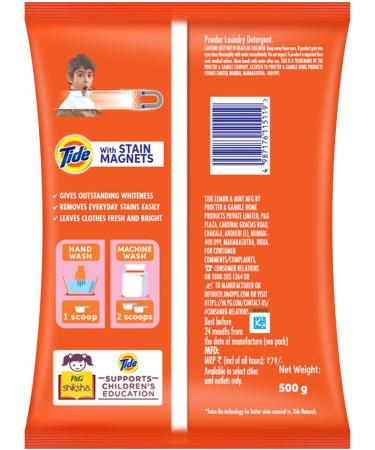Tide Plus Detergent Washing Powder with Extra Power Lemon and Mint Pack - 500 g + SCOOPER - Buy Online on GoSupps.com