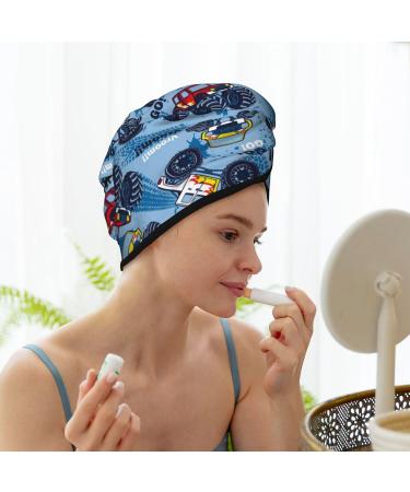 Monster Trucks Blue Microfiber Hair Towel - Super Absorbent Quick Dry Cap for Curly Thick Hair | Hair Turban Wrap for Women Girls & Kids - Buy Online on GoSupps.com