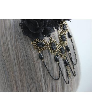 Black Lace Rose Flower Hair Clip with Pearl Chain Tassels - Gothic Vintage Hair Barrette for Women - Buy Online on GoSupps.com