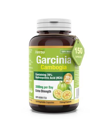 Herba Garcinia Cambogia Extract 150 Capsules | 3000mg Per Day | 70% HCA | Extra Strength | Maintain Blood Sugar Levels | Healthy Glucose Metabolism | Highest Potency Pills for Women & Men | Product of Canada | 150 Capsules 150 count (Pack of 1)