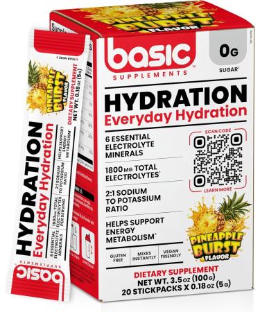Basic Hydration Electrolyte Drink Mix 1800mg Total Electrolytes 6 Essential Minerals 2:1 Sodium Potassium Ratio 0 Sugar Vegan & Gluten Free 20 StickPacks Pineapple Burst 20 StickPacks