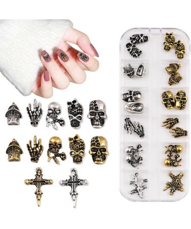 3D Halloween Nail Art Charms 1Box 12Grids Skull Ghost Hand Tombstone Cross Alloy Nail Art Jewelry Decoration Gold Silver Nail Gems Rhinestones Nail Supplies for Nail Design DIY Crafts (A Pattern) - Buy Online on GoSupps.com
