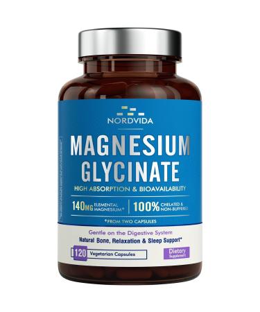 NordVida Magnesium Glycinate, 140 mg Elemental Magnesium Per Serving, Non Buffered, Max Absorption, Nerve Health & Relaxation Support, 120 Vegetarian Caps