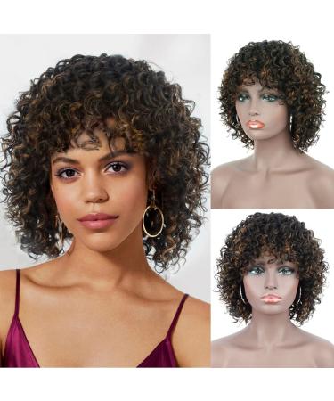 Brinbea 12 inch 100% Human Hair Wigs for Black Women Short Black Brown Highlights Full Wave Curls Wig with Hair Bangs Brazilian Remy Short Curly Wig OT1B30 black brown highlights