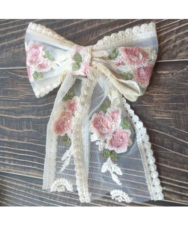 Beige Double Layer Lace Bow Hair Clip for Women - Romantic Flower Dot Mesh Hairpin for Wedding, Party, Valentine's, Birthday - Buy Online on GoSupps.com