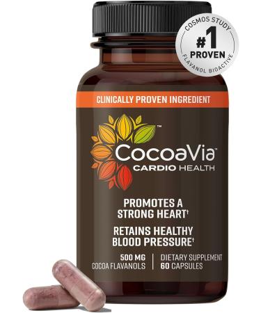 CocoaVia Cardio Health Supplement, 30 Day, 500mg Cocoa Flavanols, Heart Health, Blood Pressure, Boost Nitric Oxide, Blood Circulation, Energy, Vegan, Dark Chocolate, 60 Capsules
