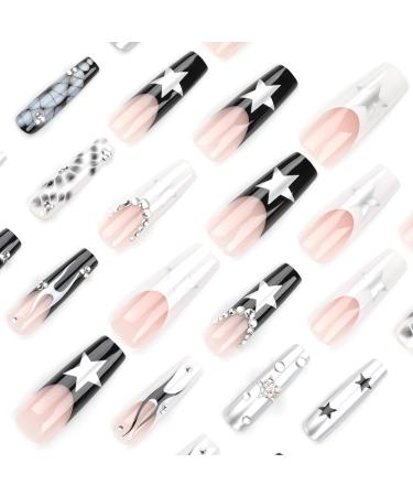 Shop 24pcs Glossy Black White French Tip Press On Nails - Long Square Acrylic Full Cover - Y2K Style False Nails - Buy Online on GoSupps.com