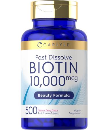 Carlyle Biotin 10 000mcg | 500 Fast Dissolve Tablets | for Hair Skin and Nails | Maximum Strength | Vegetarian Non-GMO Gluten Free Supplement 500 Count (Pack of 1)