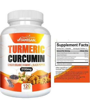 VITAMISAN Turmeric Curcumin 2100mg with Ginger & Black Pepper 2 Pack (120 Capsules Each) Herbal Supplement for General Wellness Non-GMO Made in USA - Buy Online on GoSupps.com