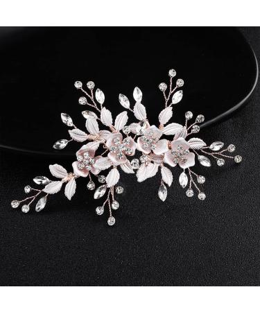 Wedding Hair Clip Leaf Rhinestone Bridal Headpieces Light Rose Gold Hair Barrette Flower Wedding Hair Accessories for Brides and Bridesmaids