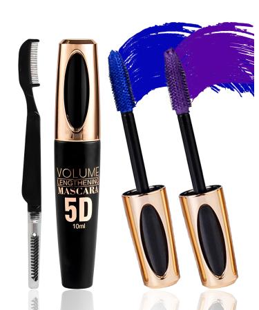 Blue Purple Waterproof Mascara for Eyelashes 5D Silk Fiber Liquid Lash Extensions Colored Mascara with Folding Eyelash Comb Brush Volumizing and Thick Smudge-proof Long Lasting Party Stage Use Blue+purple