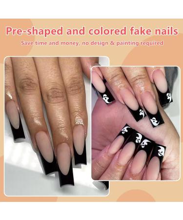 120pcs Black French Tip Press on Nails - Matte Nude Pink Medium Square Fake Nails for Women & Girls | Black Acrylic Artificial Nail Tips - Buy Online on GoSupps.com