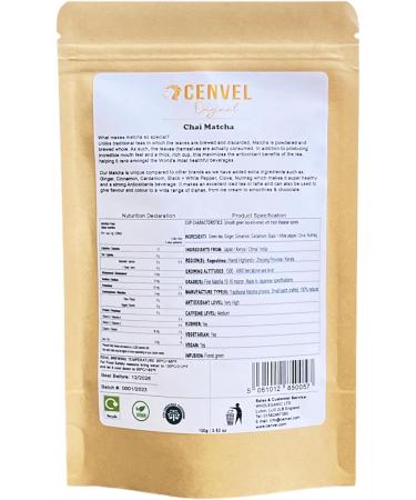CENVEL Chai Matcha Green Tea Powder | Premium Grade | Use for Drinking Cooking Baking Smoothie | Increase Energy - Boost Metabolism - Improve Mental Focus | Vegan & Vegetarian Friendly (100g) - Buy Online on GoSupps.com