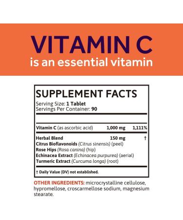 Whollium Vitamin C Tablets 1000mg with Citrus Bioflavonoids, Rose Hips, Echinacea & Turmeric - 90 Tabs | High Potency Antioxidant & Immune Support - Buy Online on GoSupps.com