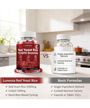 Lunessa Red Yeast Rice with CoQ10 200mg | Red Yeast Rice 2400mg Restores Body Vitality & Maintains Healthy Cholesterol Levels for Men & Women Non-GMO Vegan 60 Gummies -1PCS (Raspberry Flavor) - Buy Online on GoSupps.com