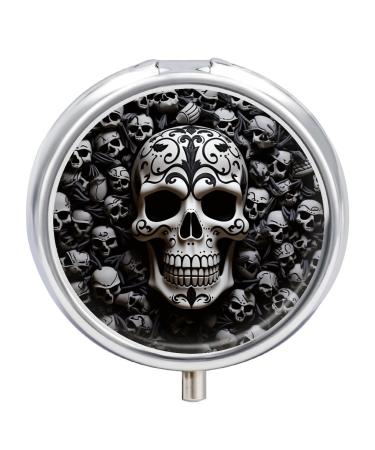 Round Pill Box Black and White Skulls Print 3 Compartment Medicine Pill Case Print Pill Organizer Decorative Metal Portable Pill Box Pocket Pill Box