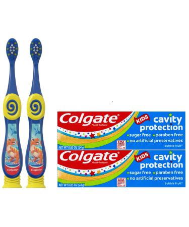 Colgate Dinosaur Toothbrush for Children with Suction Cup, Kids 2-5 Years Old, Extra Soft - 2 Coun & Kids Cavity Protection Fluoride Toothpaste, Bubble Fruit Flavor, 0.85oz - Pack 2