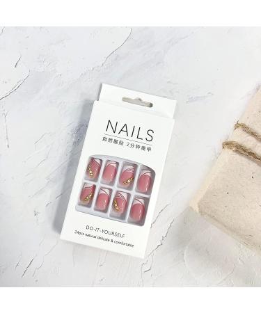 24 Pcs Short Square French Tip Press on Nails with Rhinestone Designs - Nude Pink Glue on Nails for Women - Buy Online on GoSupps.com