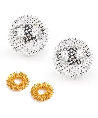 2 pieces Magnetic Acupressure Balls with 2 pieces of massage rings hand massage ball ABS massage ball small hand massager silver hand massage ball golden mini finger massage device.