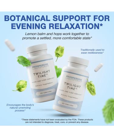 Twilight Time Targeted Mood Supplement with L-Tryptophan L-Theanine Lemon Balm Hops Melatonin & Vitamin B6 Aid to Help Ease Evening Tension & Support Restful Nights 60 Capsules - Buy Online on GoSupps.com