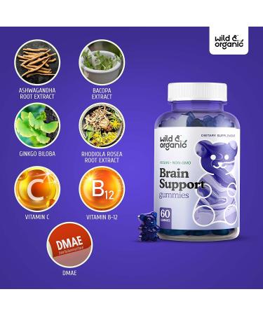 Wild Organic Brain Booster Gummies - Cognitive Function Support with Ashwagandha Bacopa Ginkgo Biloba - 60 Chewables - Buy Online on GoSupps.com