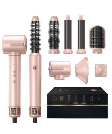 Hair Blow Dryer Brush 7 in One Hot Air Multistyler Air 110000 RPM Thermal Brush Automatic Rotating Wrap Hair Styler Wrap Ionic Curling Iron with Diffuser Detachable Rechargeable Styling Tools Rose Pink