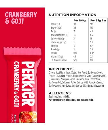 Perkier Cranberry & Goji Snack Bars (18 Pack) - Vegan, Gluten Free, High Protein & Fibre, Lower Sugar - Natural Ingredients, Lower Calorie Option without Palm Oil - 18 Count Pack - Buy Online on GoSupps.com