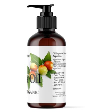 Premium Organic Unrefined Jojoba Oil 8oz with Pump Imported from Argentina 100% Pure Cold Pressed - for Hair Skin & Nails - Best Natural Moisturizer - Hexane Free by Sweet Essentials 8 Fl Oz (Pack of 1) - Buy Online on GoSupps.com