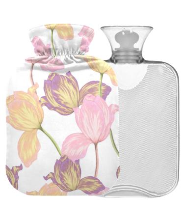 NAANLE hot water bottle with cover watercolor tulip flower pattern transparent hot water bottle heat bottle to relieve back pain hand feet heat and cold therapy 2 L