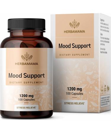 HERBAMAMA Mood Support Capsules - Organic Supplement with Ashwagandha, Rhodiola, Ginseng, Chamomile, St John's Wort - Supports Brain Function, Stress Relief, Energy, Mood - Vegan, 1200mg, 100 Caps