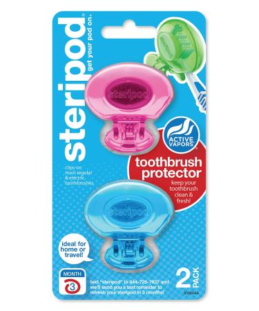 Steripod Clip-On Toothbrush Protector, Keeps Toothbrush Fresh and Clean, Fits Most Manual and Electric Toothbrushes, Pink and Blue, 2 Count Red,orange Thymol