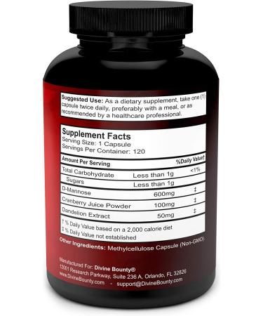 D-Mannose Capsules with Cranberry & Dandelion Extract - 600mg Powder Per Capsule - 120 Veggie Capsules for Urinary Tract Health - Buy Online on GoSupps.com