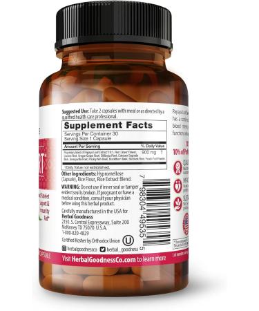 Papaya Leaf Blood Support Capsules - Immune and Platelet Health - Herbal Cleanse Formula - Made in USA - 30 Veggie Capsules - Buy Online on GoSupps.com