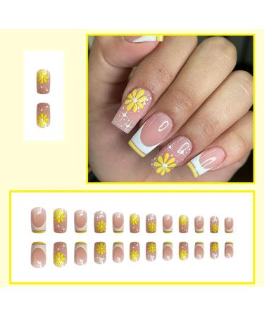 24pcs Short French False Nails - Almond Square Press on Nails - Yellow Summer | Full Cover Acrylic False Nails with Glue - French Fake Nails for Women and Girls | Nail Art - Buy Online on GoSupps.com